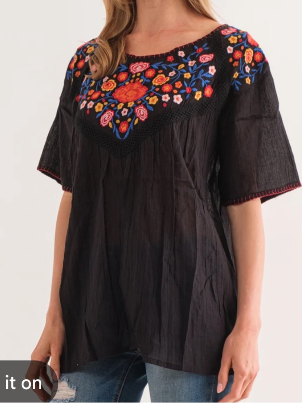 Raj Anthro NWT boho Embroidered Black Flutter-Sleeve Peasant Top size S